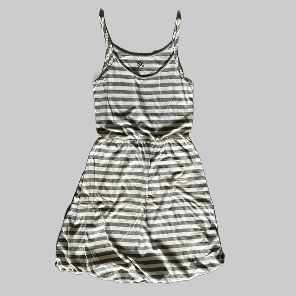 So Brand Striped Dress Sz Small Short Casual Summer Spaghetti Strap Gray & Ivory